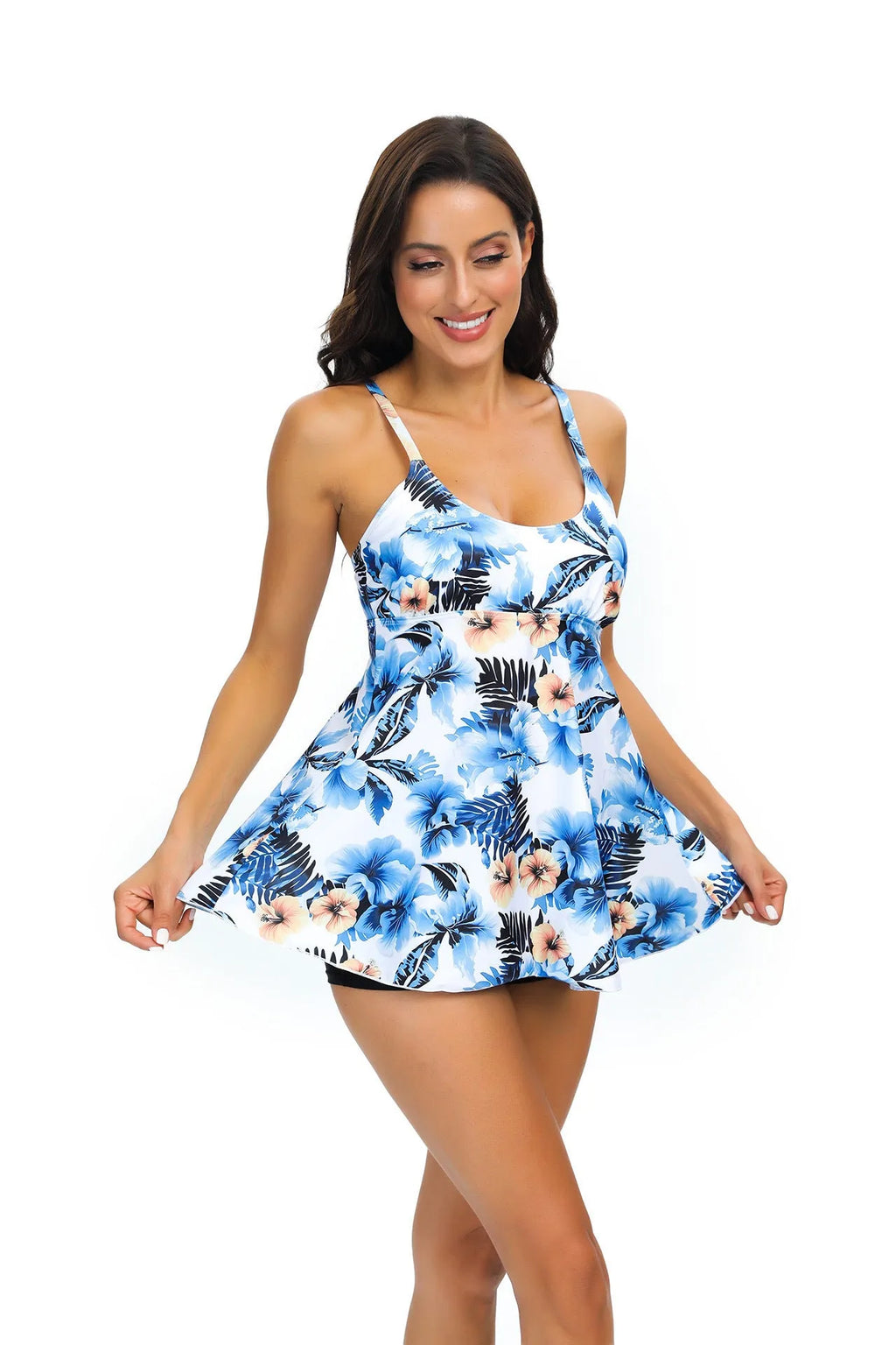 Women's loose fit tankini swimsuit with skirt bottom in floral print pattern
