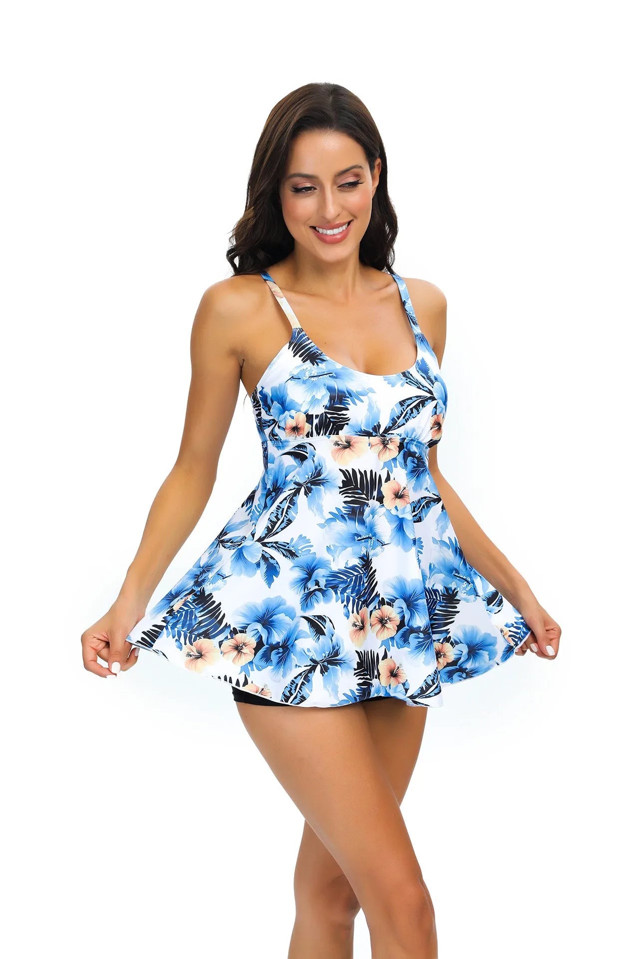 Women's loose fit tankini swimsuit with skirt bottom in floral print pattern