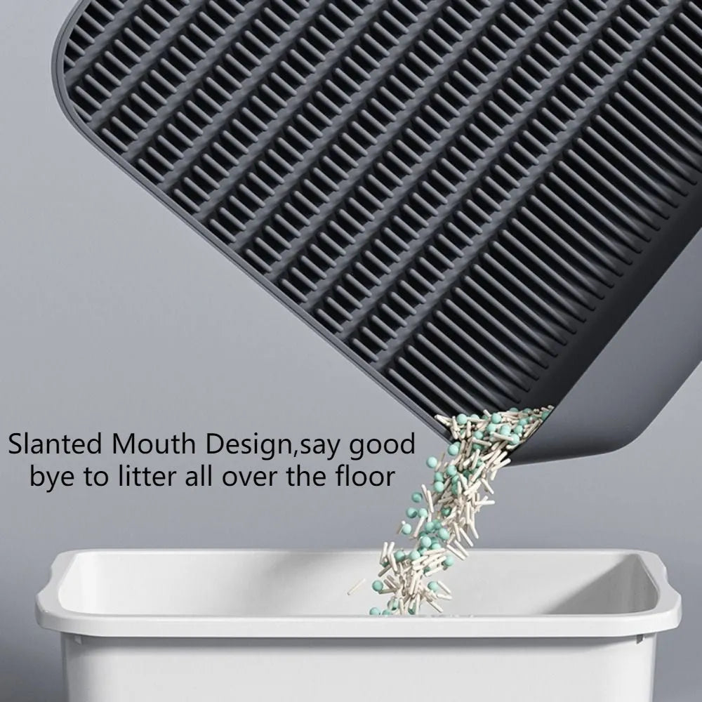 Large black cat litter pedal with slanted mouth design and textured surface measuring 37x37cm