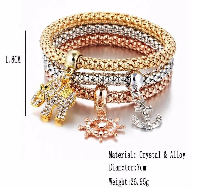 Alloy tricolour stretch popcorn corn chain bracelet set with themed charms in selected colour option