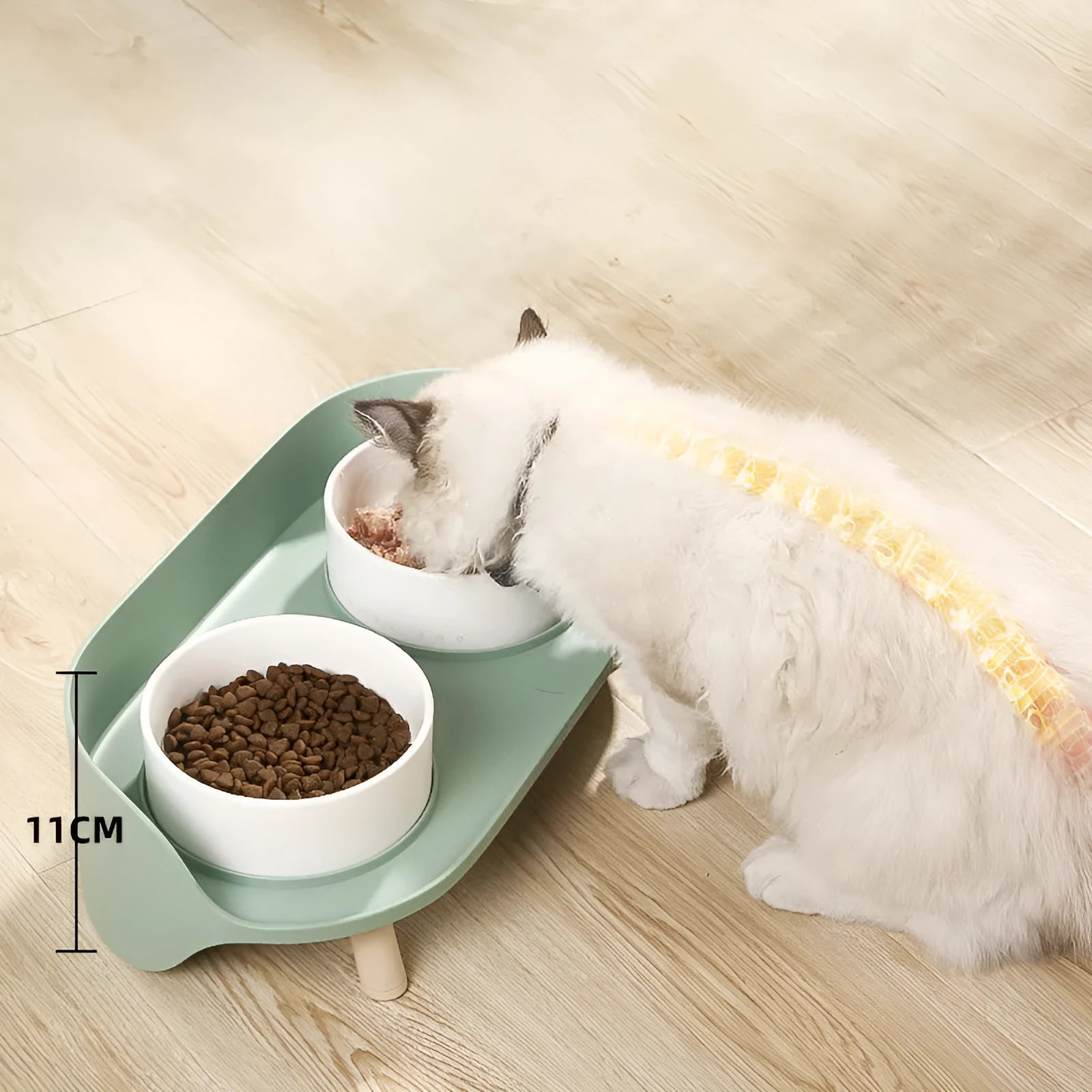 Green adjustable double-bowl pet feeder with tilted design for cervical support