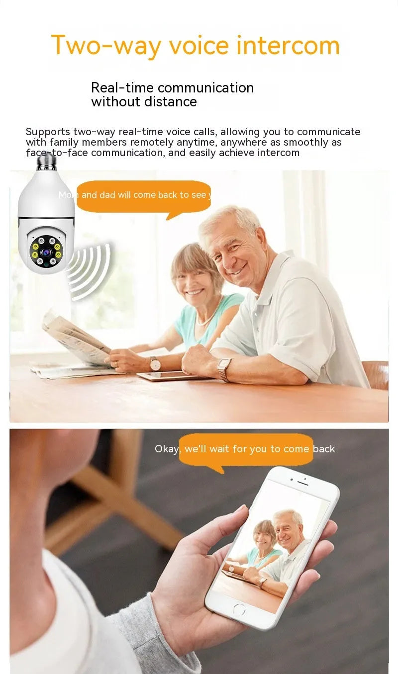 Wireless bulb security camera with plastic and metal construction measuring 5cm by 12cm