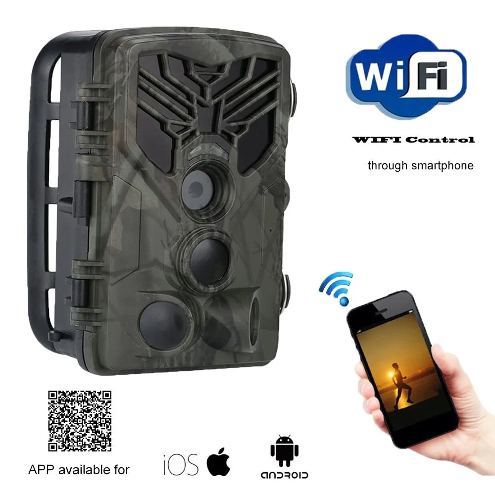 Wifi830 trail camera with camouflage pattern showing lens, infrared LEDs, and belt mount