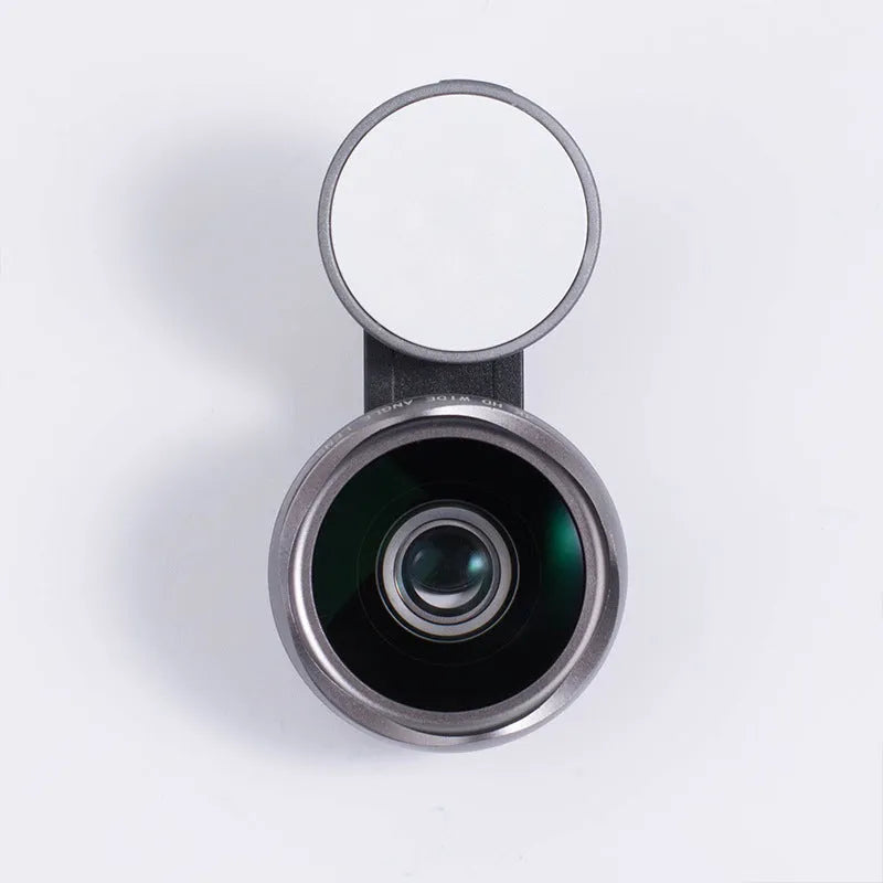 Universal smartphone camera lens attachment kit with wide-angle, macro, and fisheye lenses, LED lights, and a tripod grip.