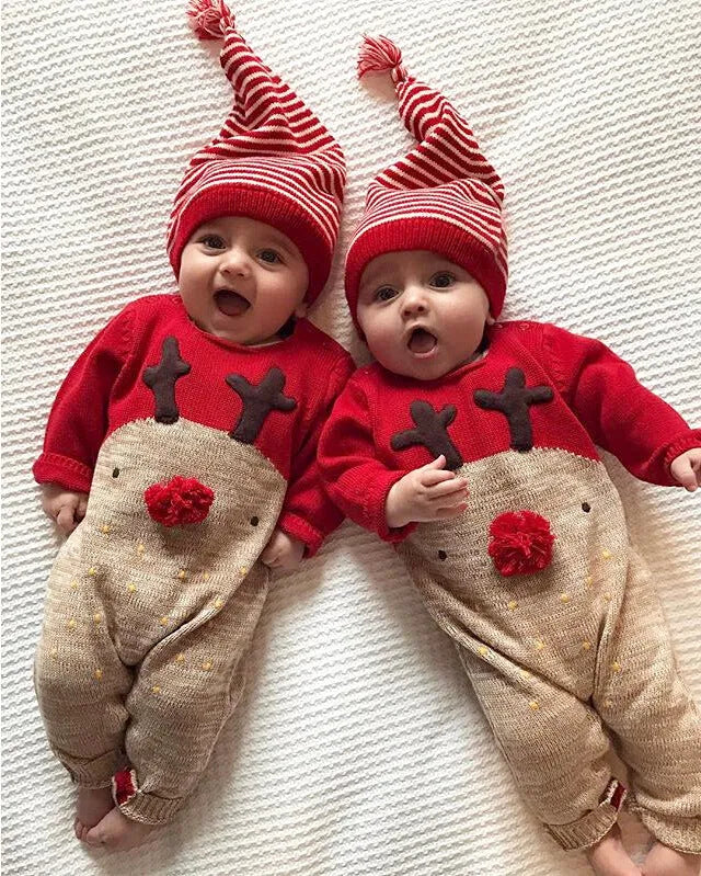 Christmas deer cotton romper for babies, long sleeve, red colour options, sizes 70cm to 100cm