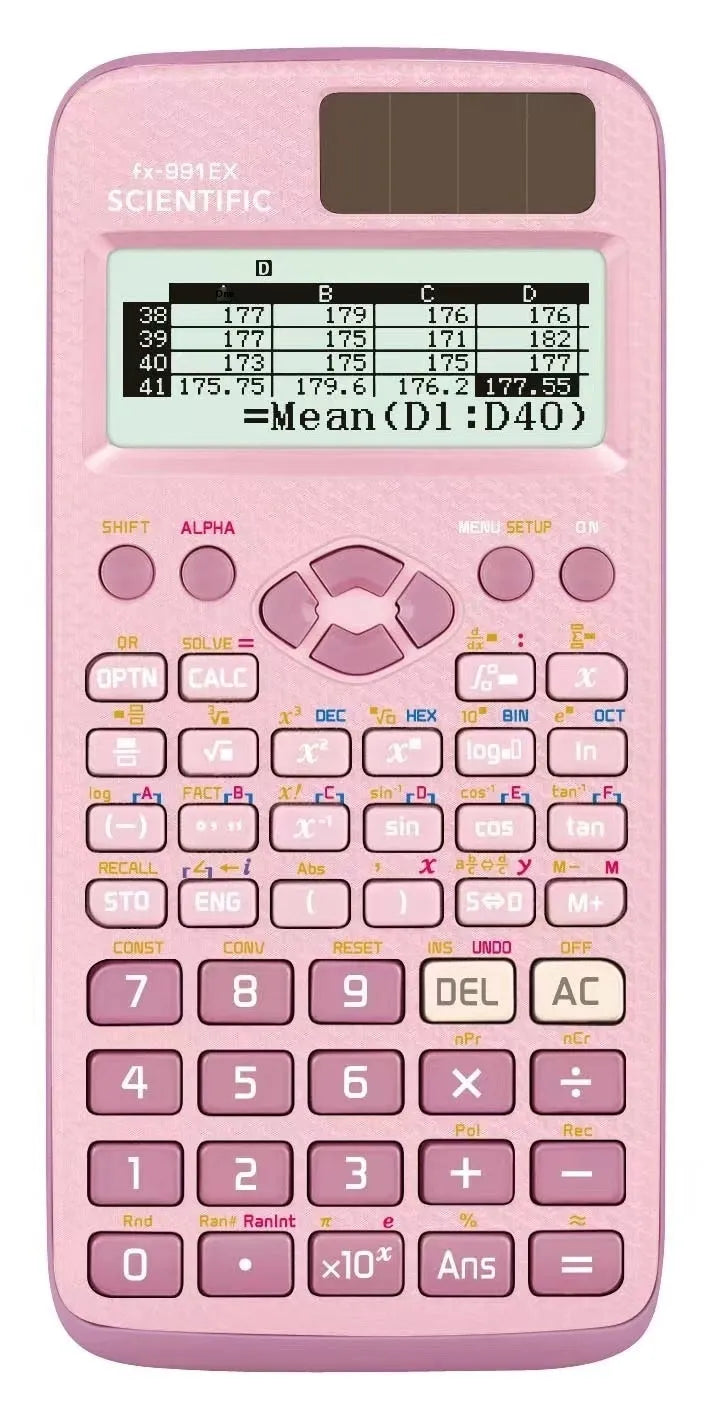 CASIO fx-991EX scientific calculator in black, blue, or pink with solar panel and dot matrix display