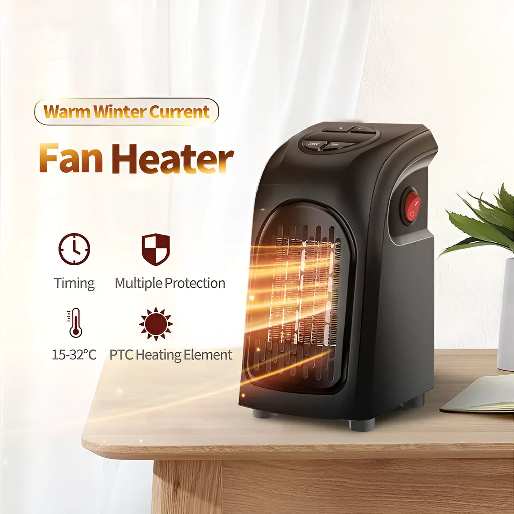Black compact ceramic fan heater with control buttons on a white background.