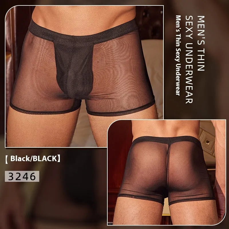 Men's black and white ultra-thin nylon boxer briefs laid flat.