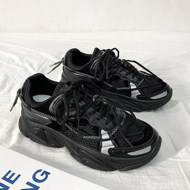 Men's white Korean-style platform dad shoes with lace-up front and thick sole.