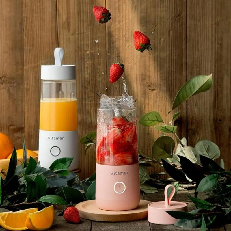 White USB rechargeable portable blender bottle with silicone carry ring, 350ml capacity.