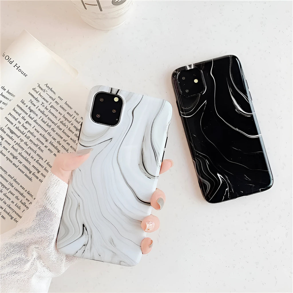 Marble mobile phone case for iPhone in black and white soft shell design, showing fade-resistant pattern