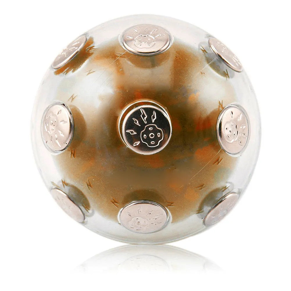 Gold electric shocking ball toy with red and blue LED light, plastic and electronic construction, 2 AAA batteries