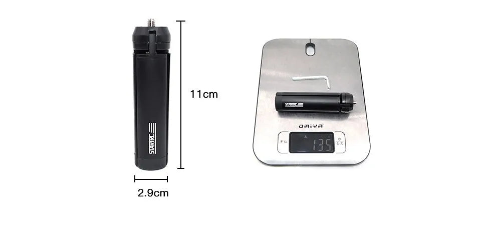 Silver aluminium alloy handheld phone mounting bracket for table top tripods, shown next to an iPhone.