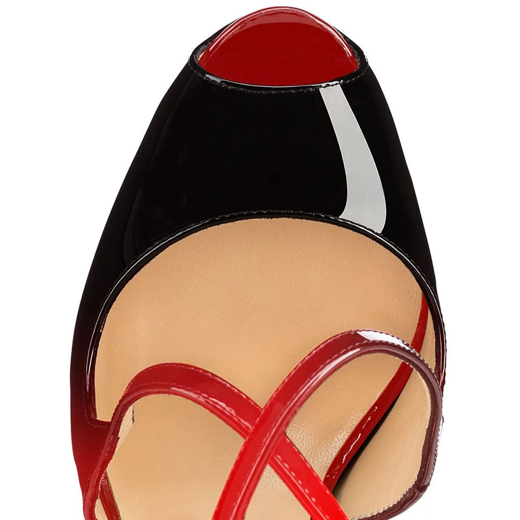Black and red women's peep toe high heels with cross strap design and super high rubber sole heels