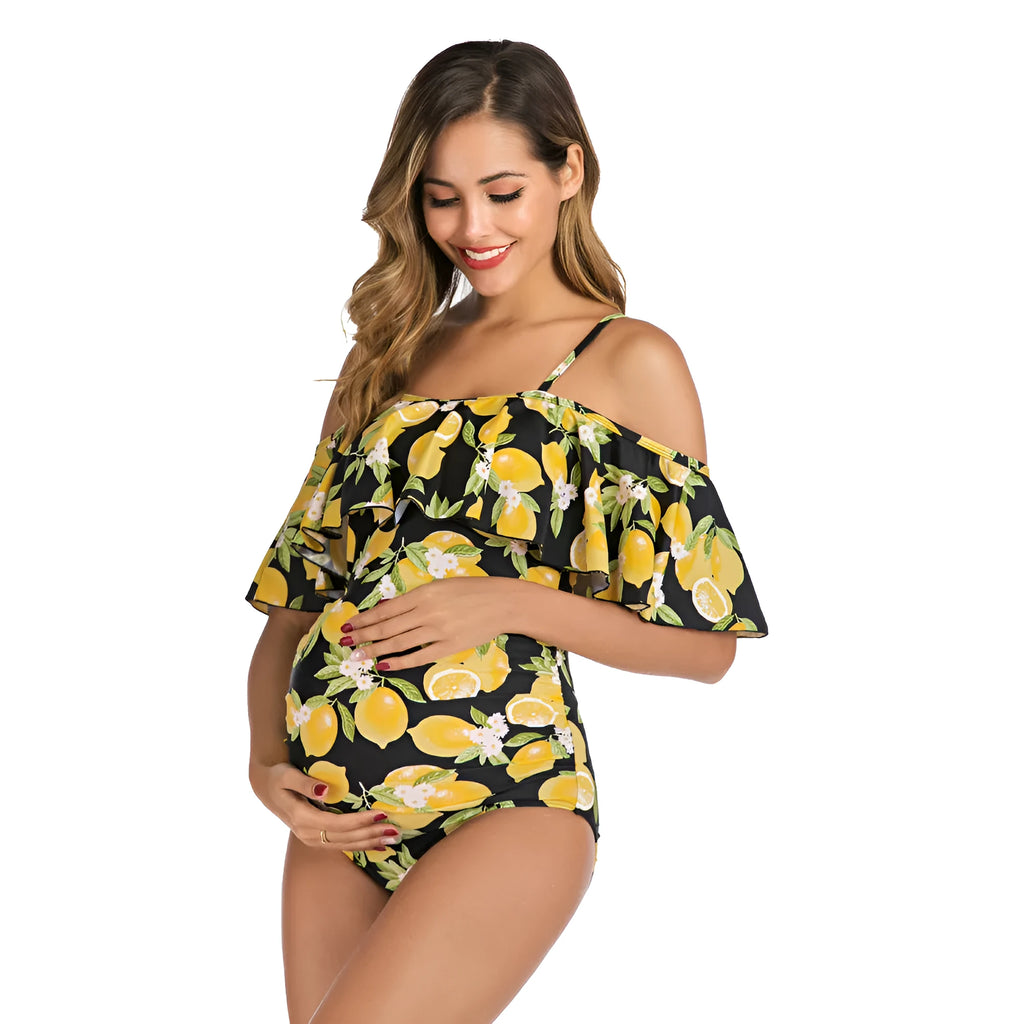 Ruffled one-piece maternity swimsuit in lemon nylon with chest pad option, Asian sizes S to XXL