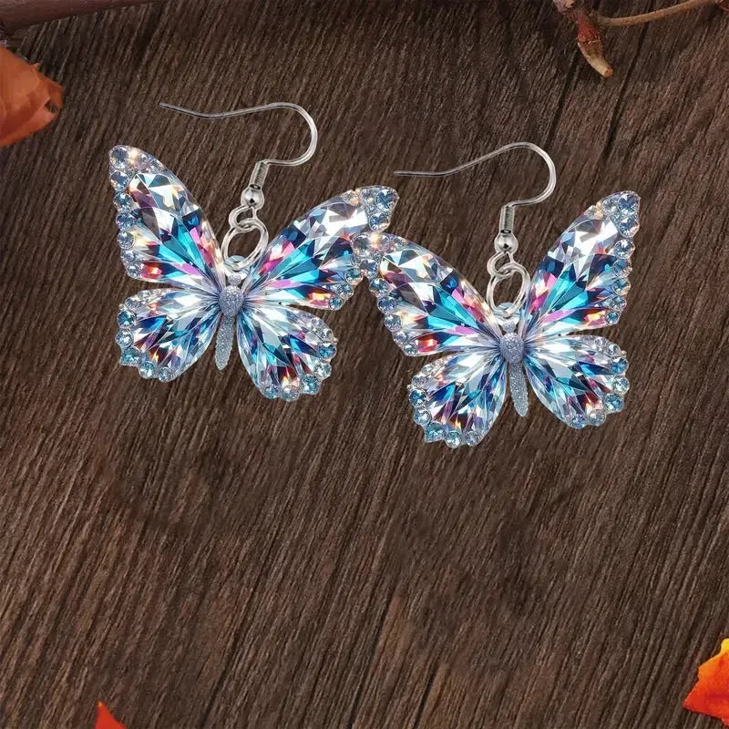 Colourful sparkling 2D acrylic earrings with butterfly design, mallard style finish, unisex
