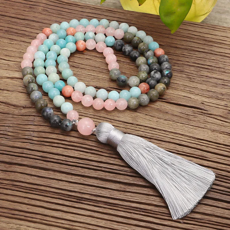 Bohemian stone necklace and bracelet set with colourful tassel pendant