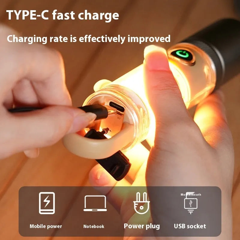 Orange and beige multifunctional flashlight with keychain and optical zoom feature