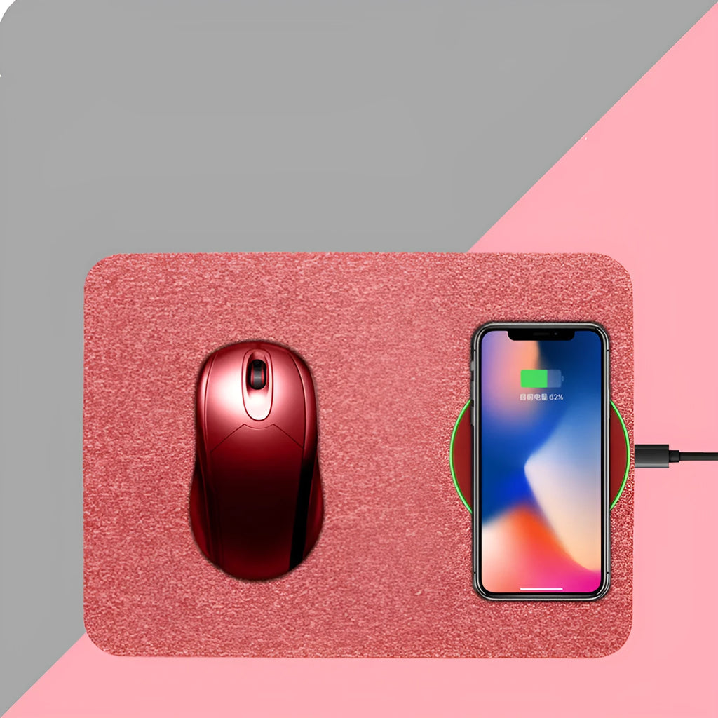 Wireless charging mouse pad on desktop showing black colour option with smartphone charging