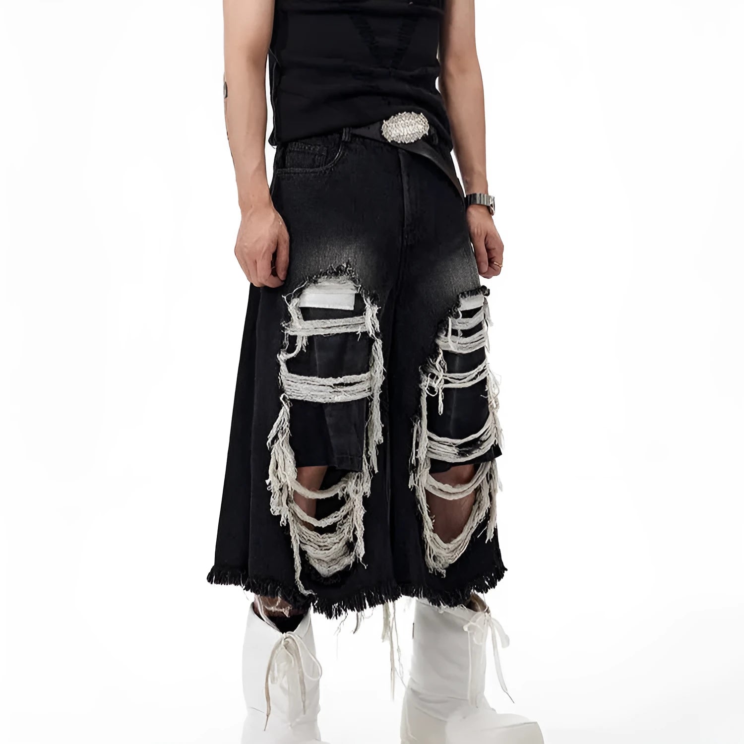 Black women's cropped wide-leg jeans with ripped patch detail on mid-high waist.