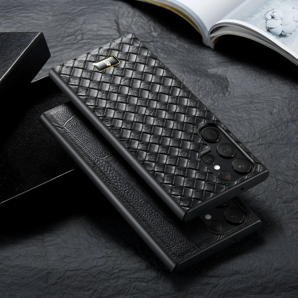 PU leather all-inclusive Samsung phone case in beef tendon black with simple solid colour business style