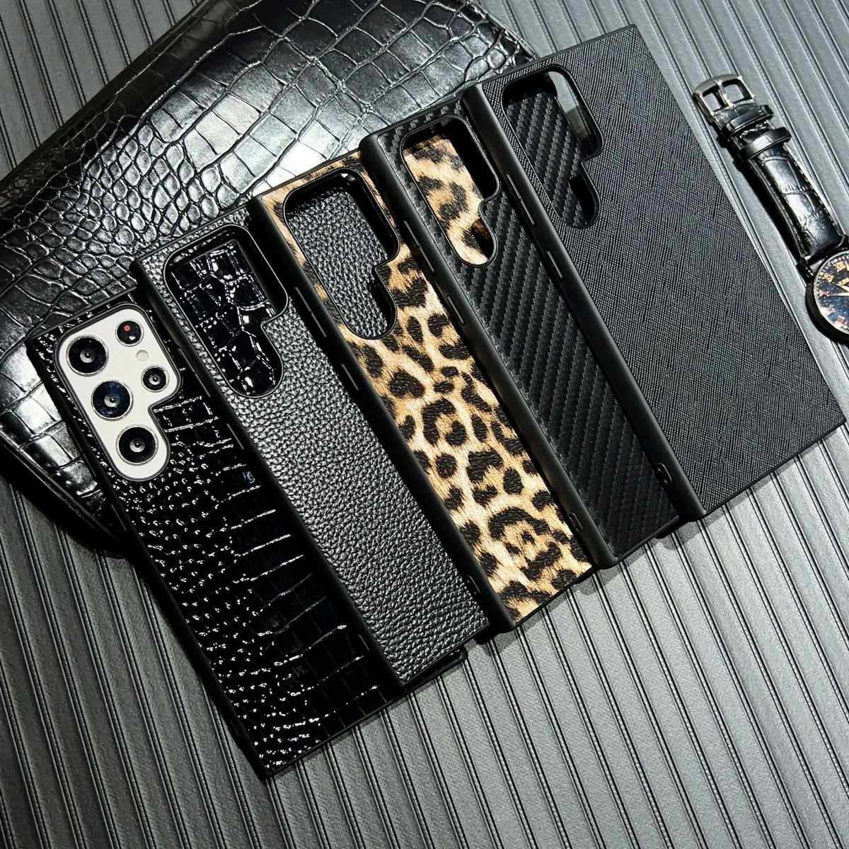 Black poly urethane leather phone case for Samsung S24 with leopard print pattern