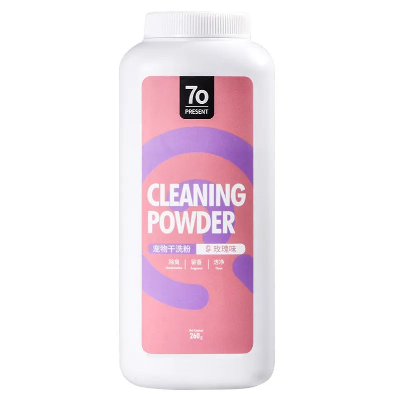 260g jar of waterless dog dry cleaning powder with three scent options
