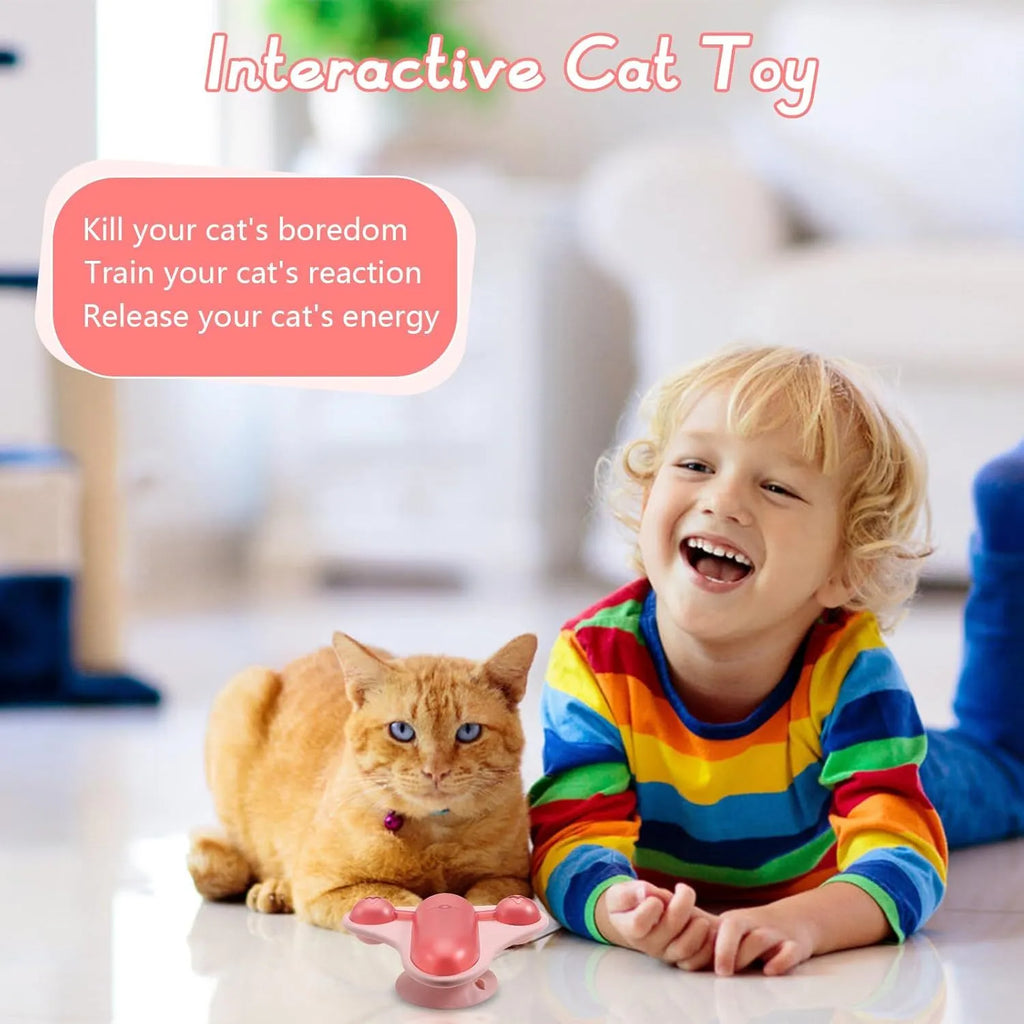 Blue interactive pet puzzle feeder toy with bell, catnip and airplane snack cabin on suction cup base.