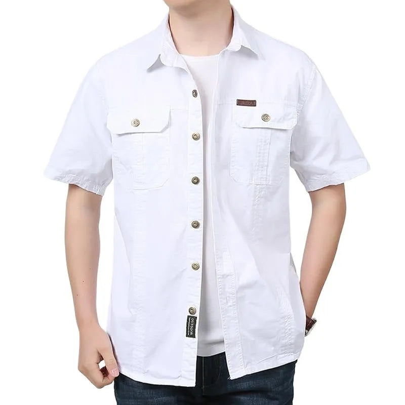 Men's Cotton Short Sleeve Cardigan Shirt Solid Colour Casual Summer Top Regular Fit Youth Style Japanese Workwear Shirt Available in Dark Blue Army Green Khaki Beige Black Gray Red White and Denim Blue Sizes M to 5XL