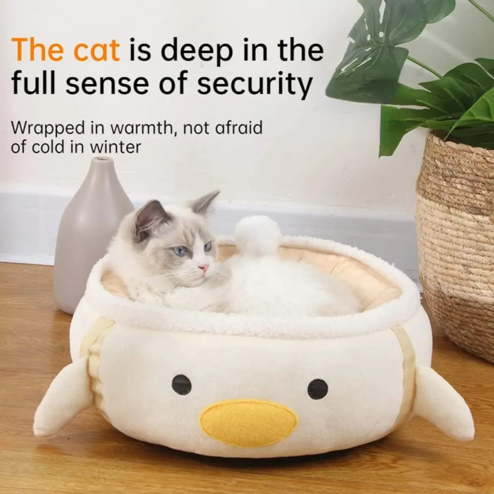 Green dinosaur-shaped cat bed with a chick inside, shown both flat and hanging as a hammock.