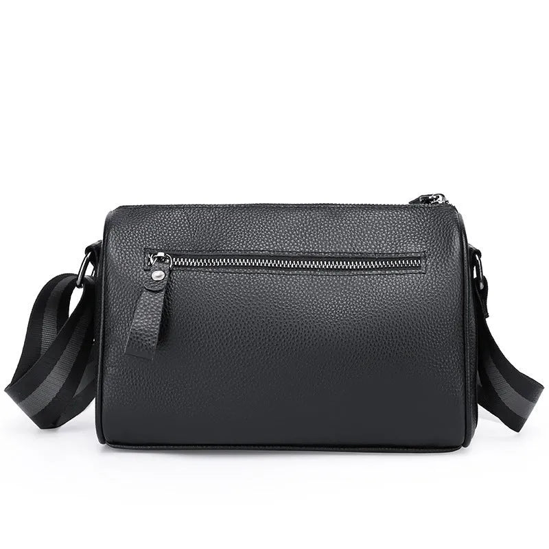 Black genuine leather women's crossbody bag with one shoulder strap showing large capacity dimensions