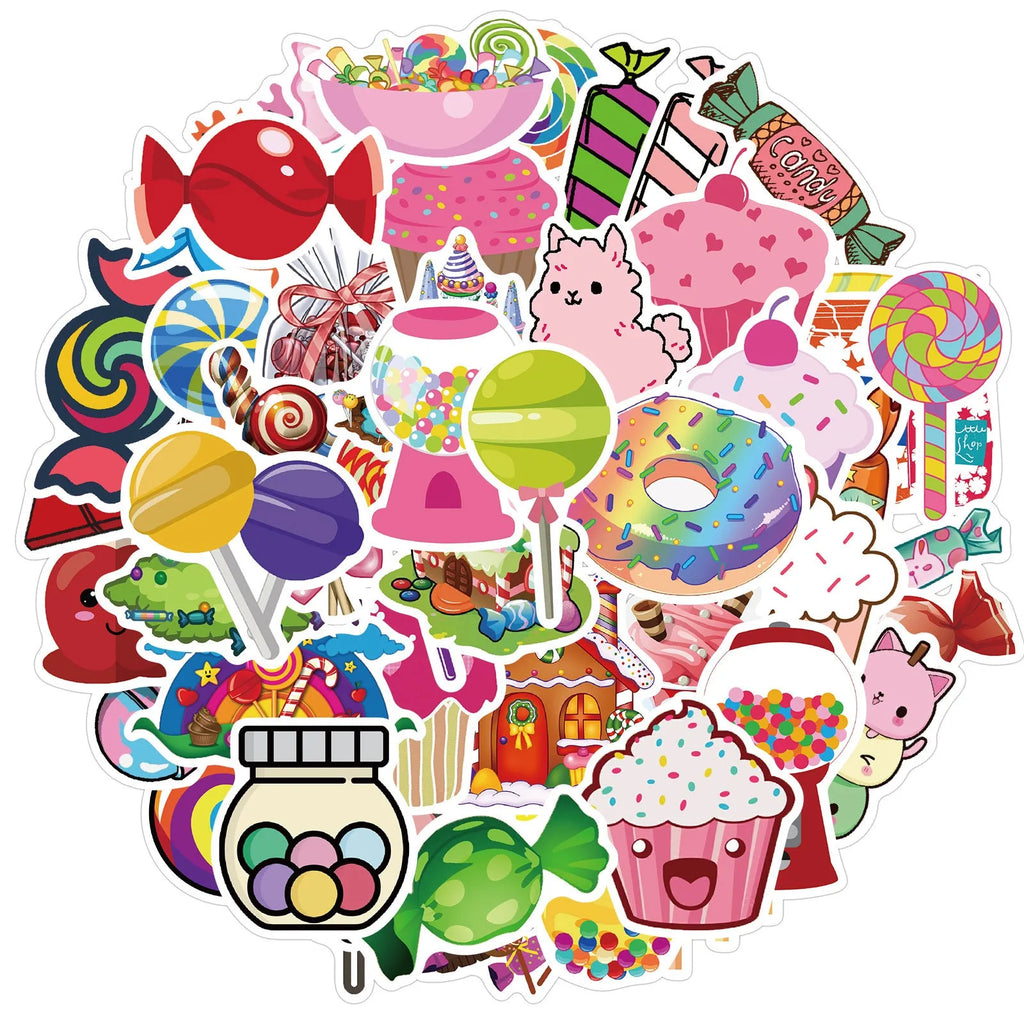 Candy series graffiti stickers pack showing colourful cartoon designs on 50 adhesive sheets