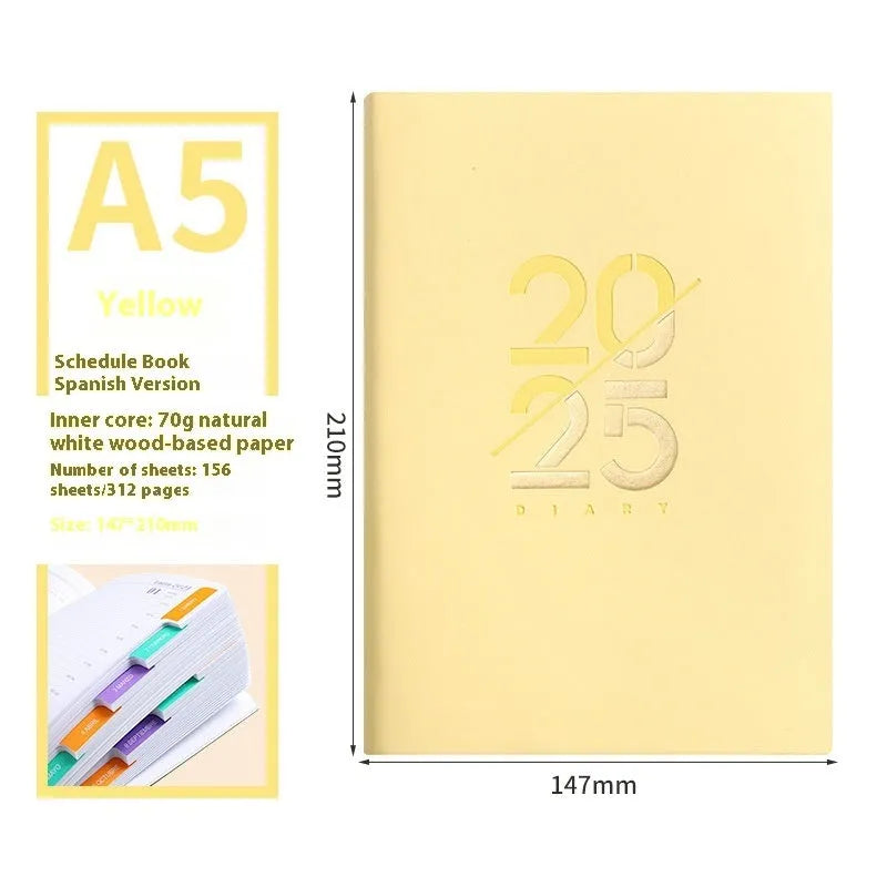 A5 daily planner with faux leather cover in blue, showing open pages of Dorian paper