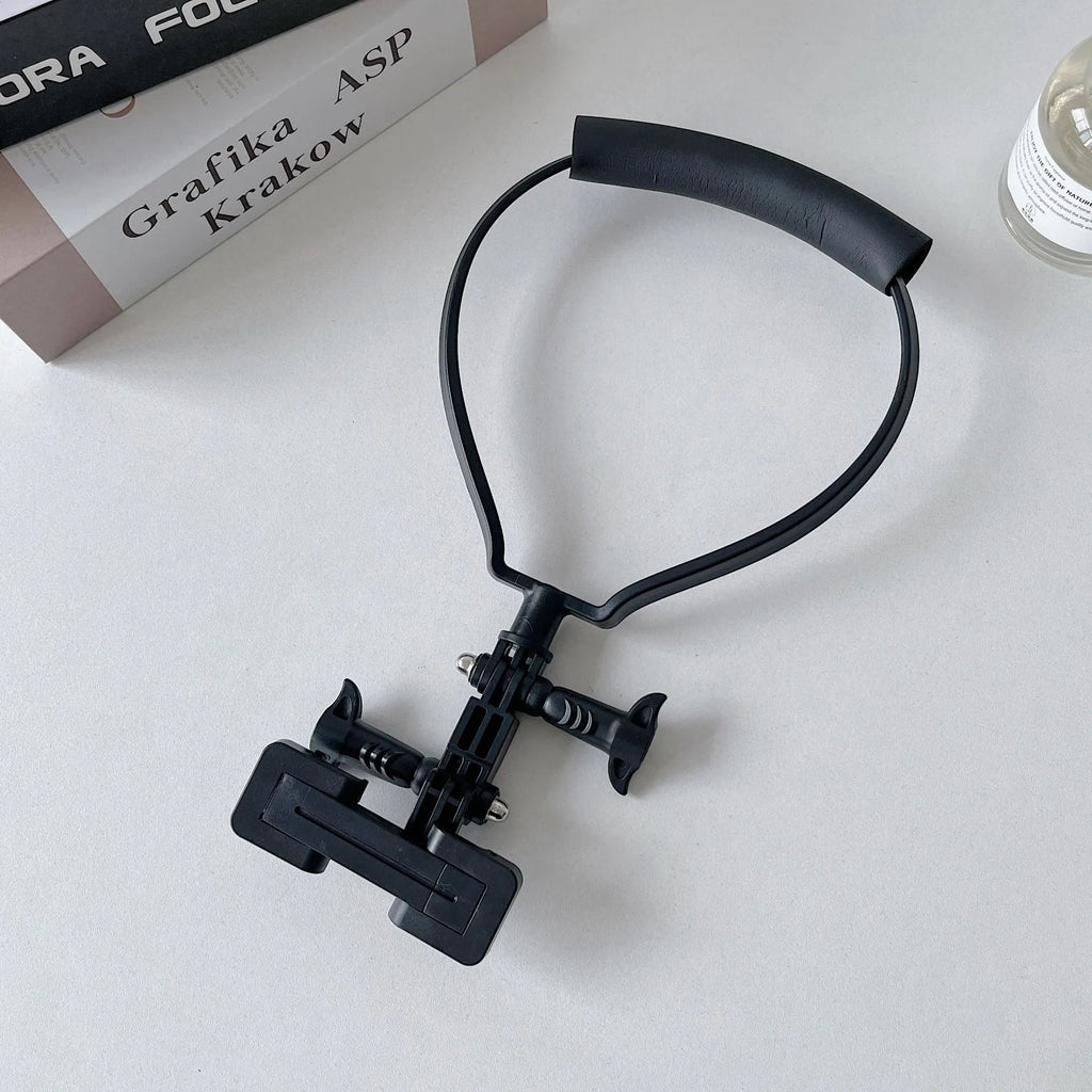 Universal plastic cell phone neck hanging bracket in black with horizontal and vertical clip, extension, and anti-slip cushion