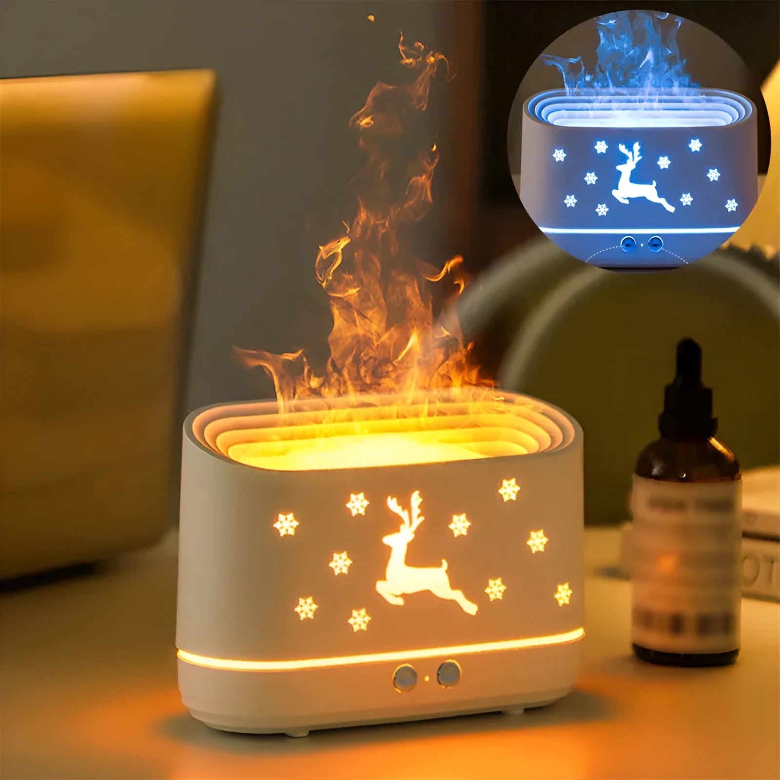 White round Elk flame effect humidifier diffuser with mist and LED light on a surface.