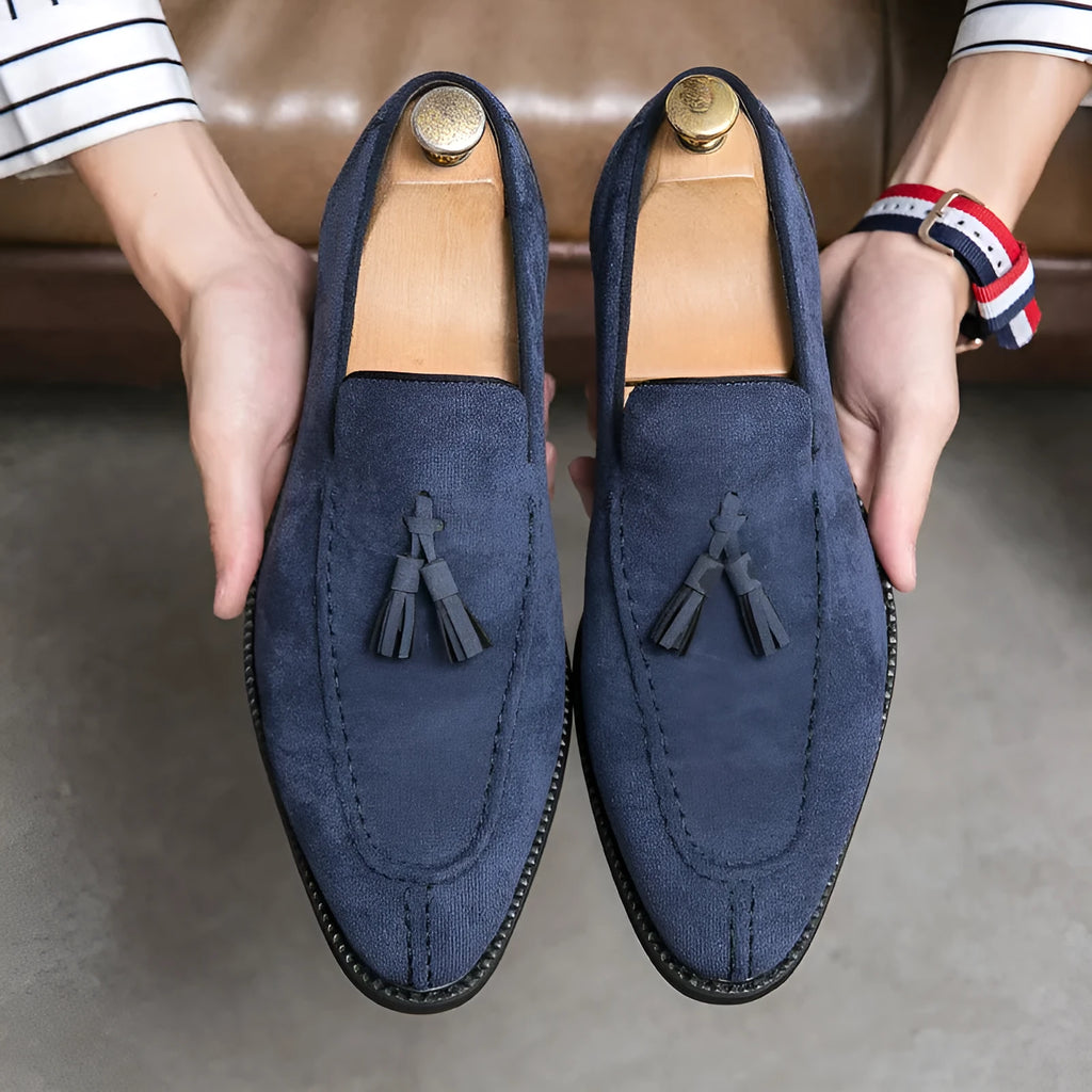 Men's suede matte fashion leather shoes in blue, flat heel low tube design with breathable and waterproof features