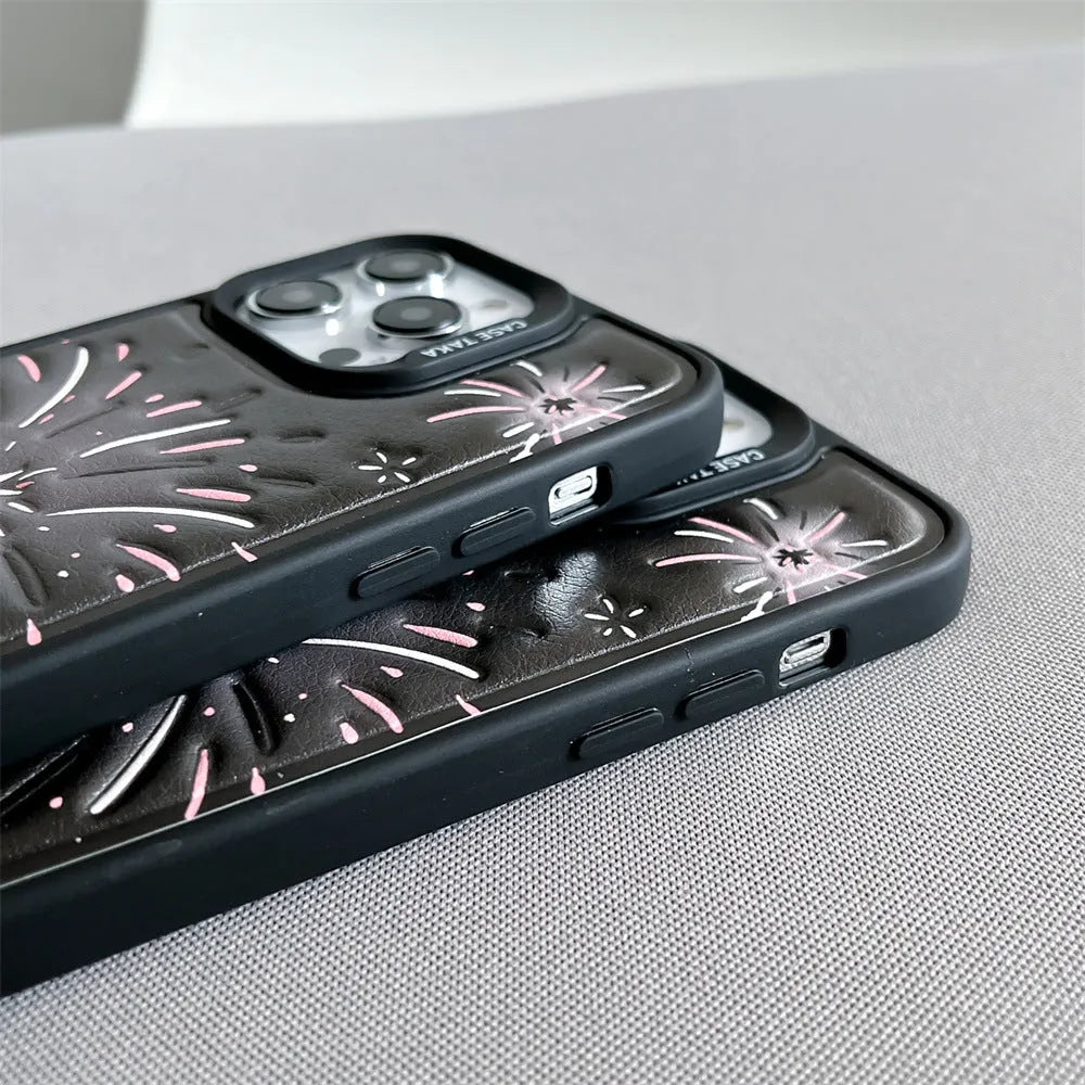 Leather embossed TPU phone case with colourful fireworks design for iPhone