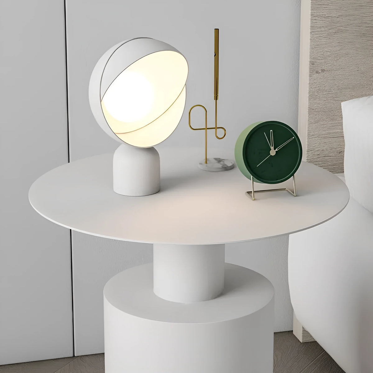 Round Nordic style metal bedside table in beige, frosted white, or frosted black for bedroom use