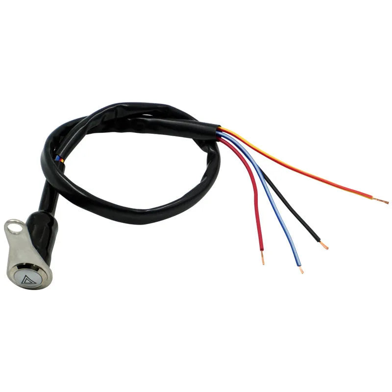 Black stainless steel motorcycle switch with a metal button and light ring for double flash control.