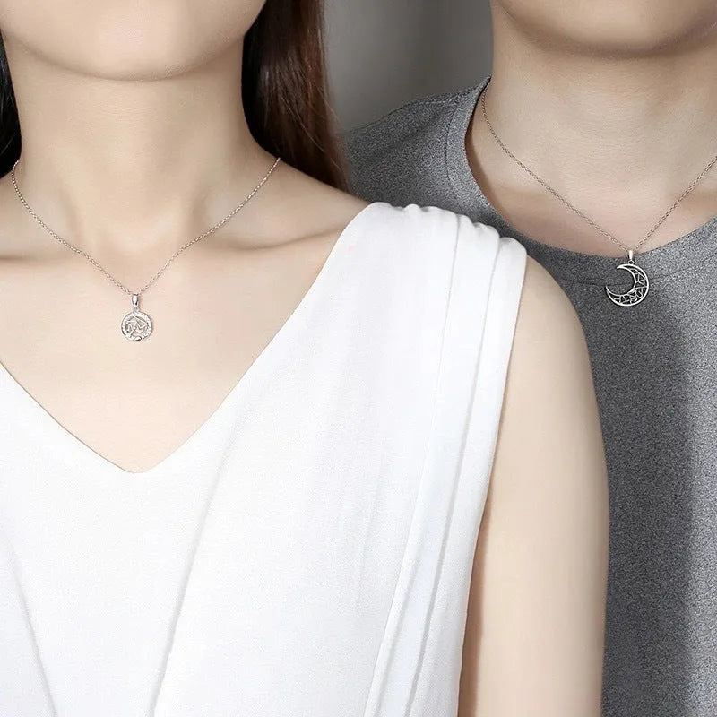 Sun moon couple necklace with electroplated copper cross chain and celestial pendant charms