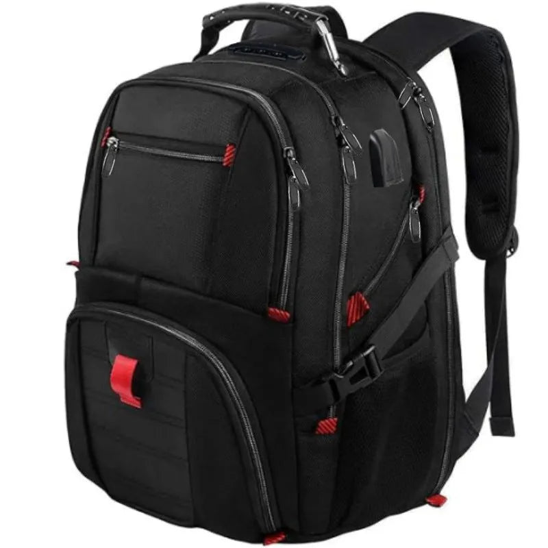 Large unisex USB backpack in black, red, or sky blue, made from waterproof Oxford cloth.