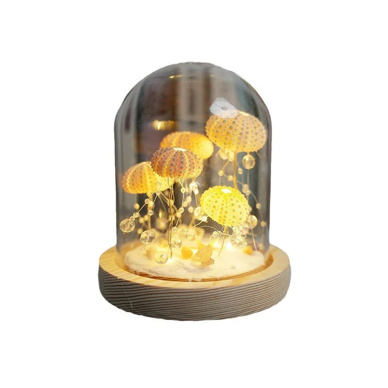 Handmade sea urchin shell jellyfish lamp inside a cylindrical clear glass cover, creative night light with built-in battery