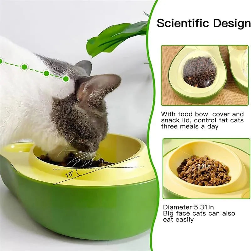 Green avocado-shaped automatic cat water dispenser and food bowl with slow feeder insert
