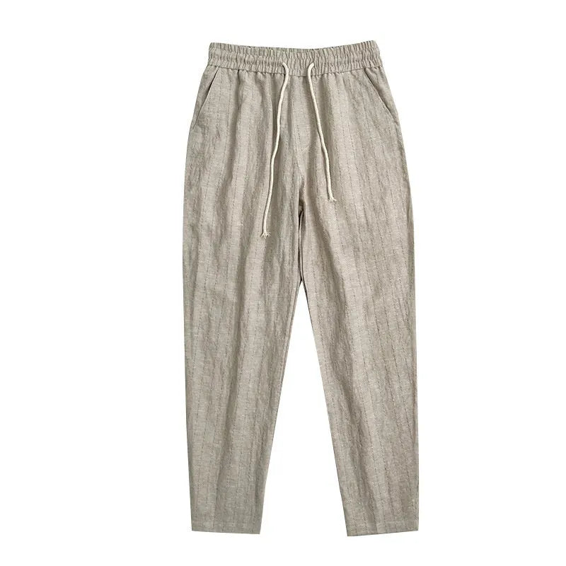 Men's lightweight linen casual trousers with stripe pattern and cropped leg length