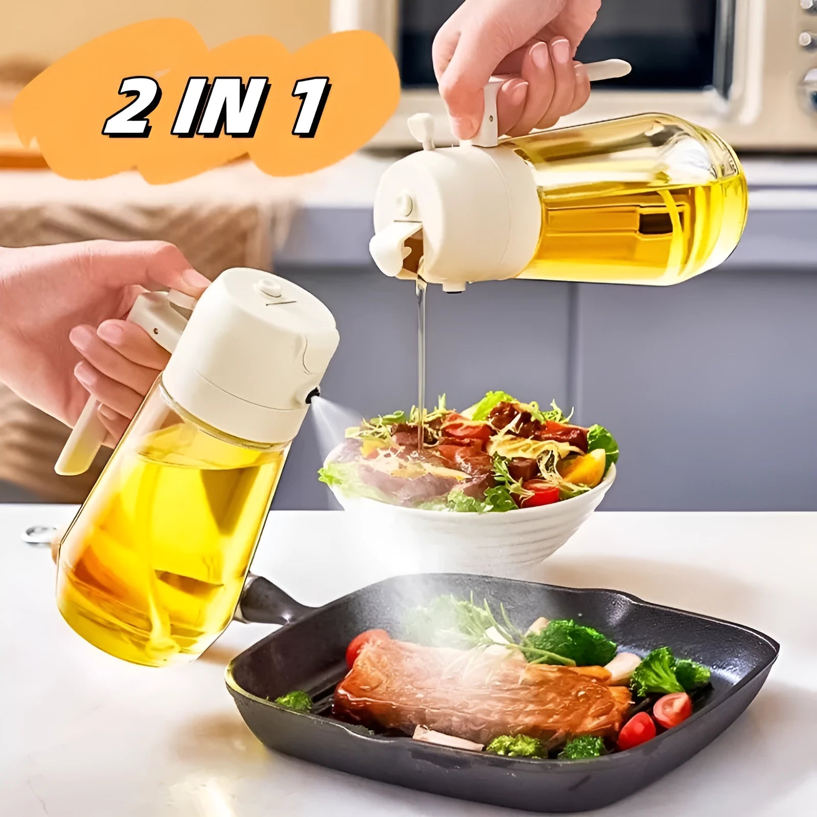 470ml glass oil sprayer dispenser with ergonomic handle in beige, black, green, or yellow colours