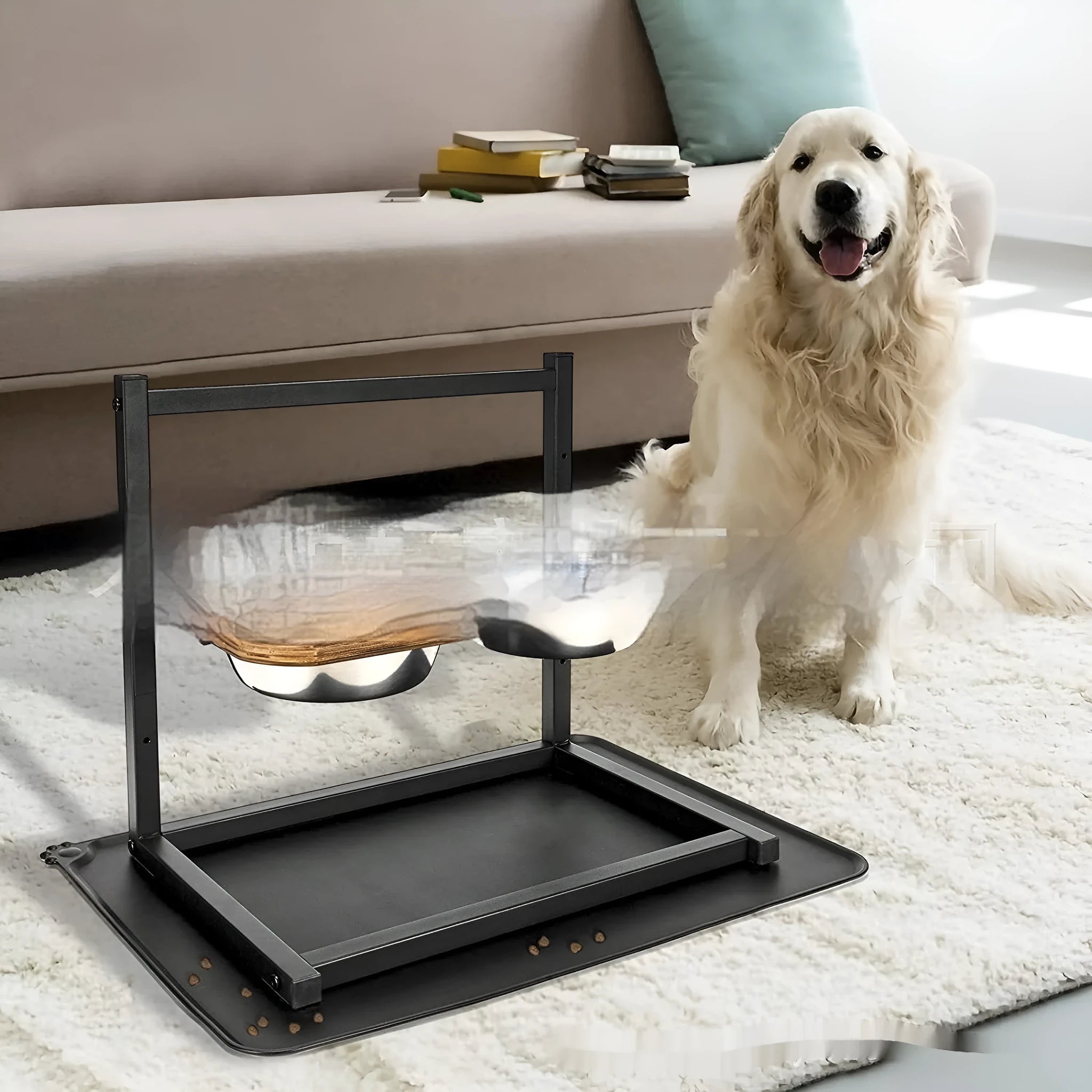 Black iron dog bowl holder rack for large pet food and water dishes