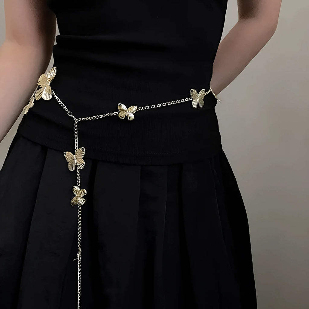 Alloy waist chain with butterfly design in gold or silver colour, 104cm length