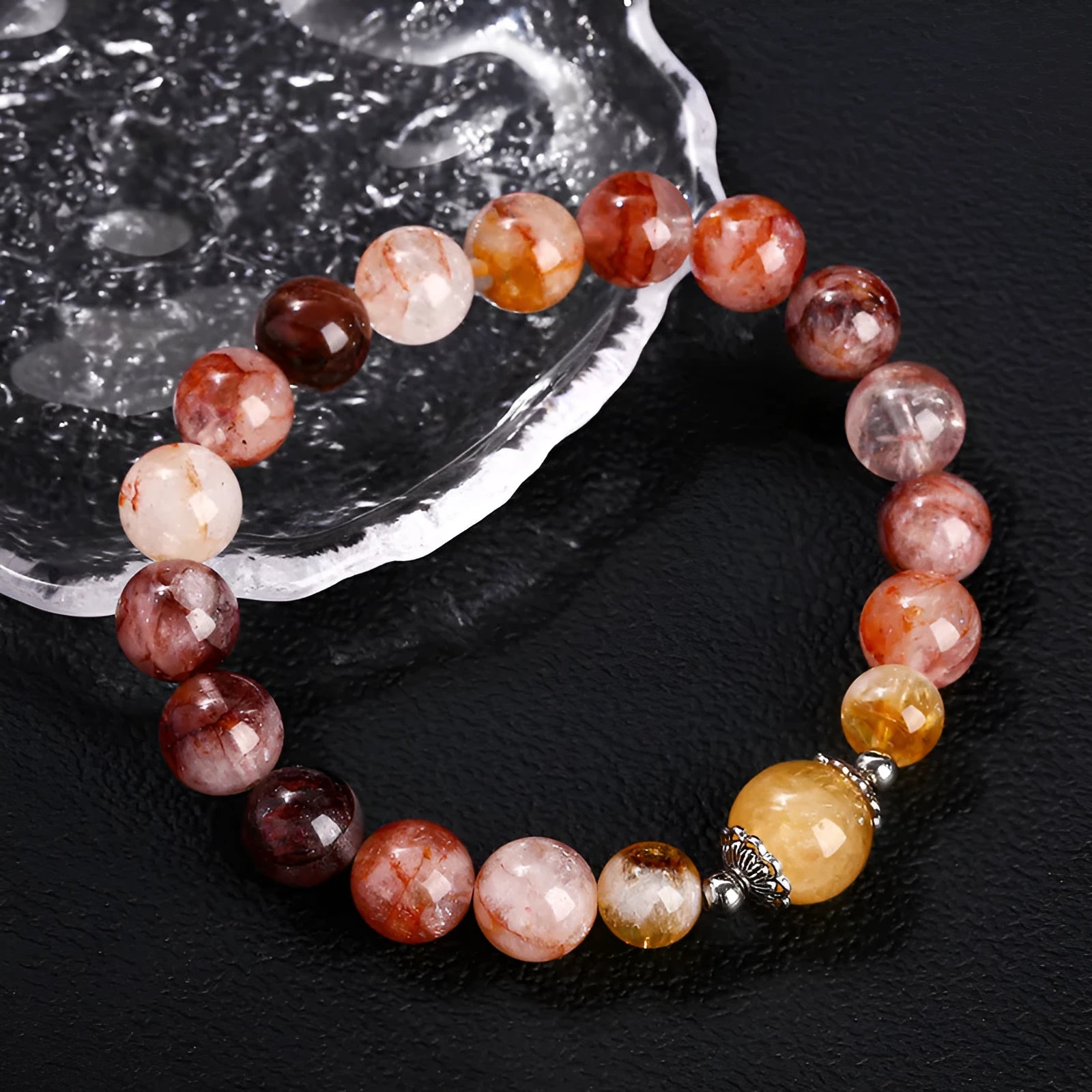 Handmade women's crystal bracelet with 10mm red sealant flower citrine lucky beads.