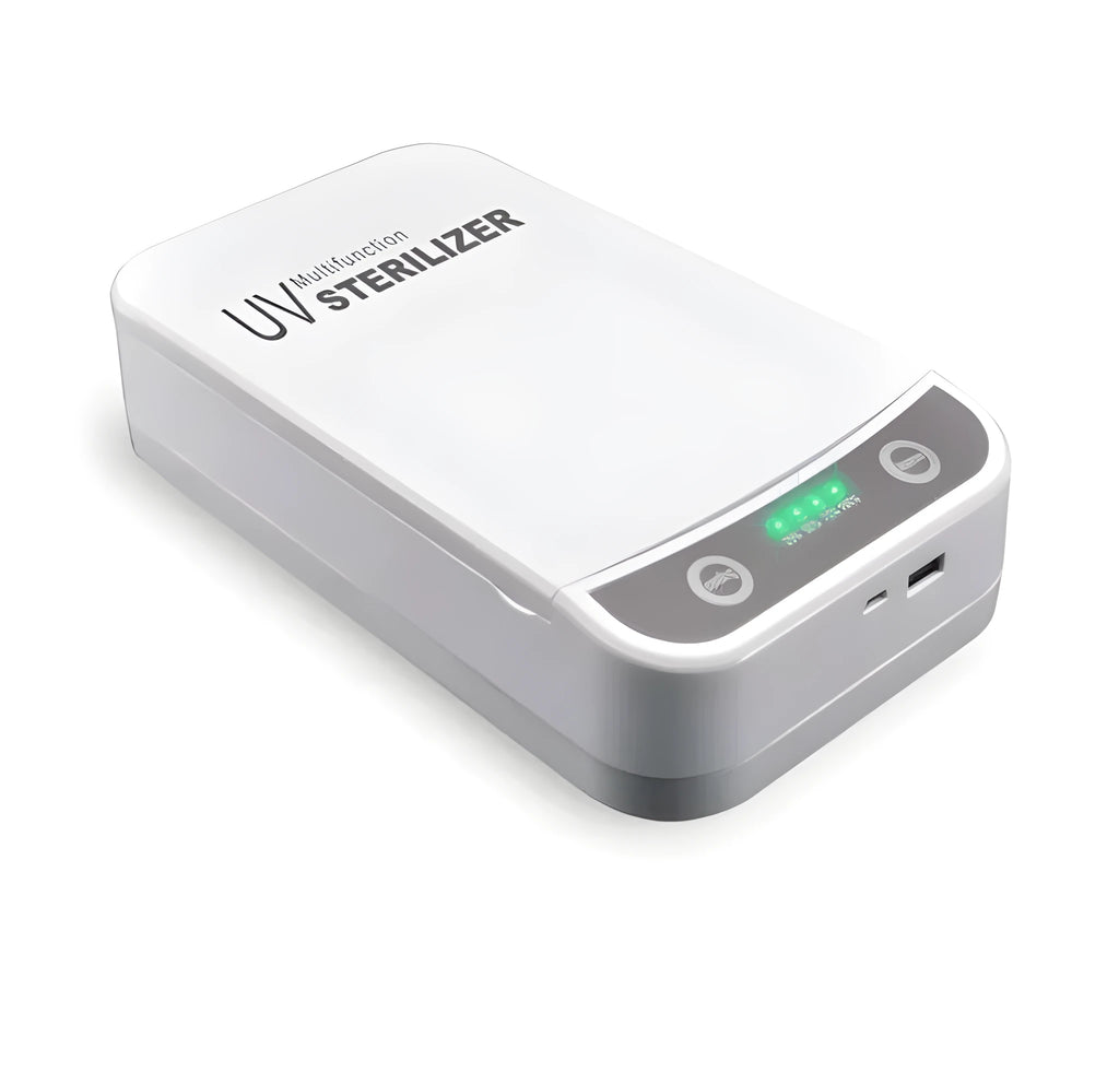 UV disinfection box open, showing internal chamber sized for a mobile phone.