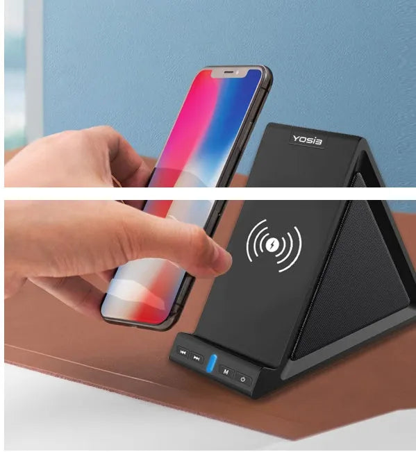Black multifunctional Bluetooth speaker with integrated wireless charging power bank and mobile phone stand.